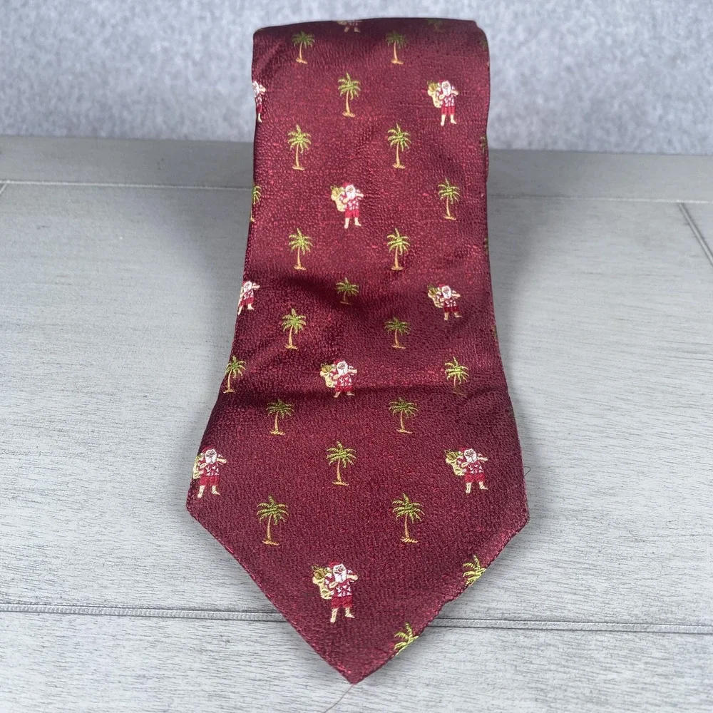 Tommy Bahama Necktie Mens Burgundy Santa Palm Tree Tropical Silk Christmas
